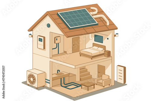 Isometric cutaway view of a modern smart home with solar energy system and internal infrastructure diagram