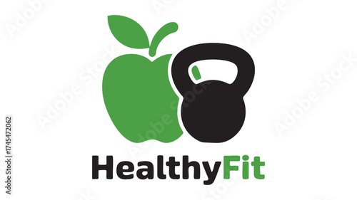 Healthy fit logo featuring green apple and black kettlebell for fitness and health