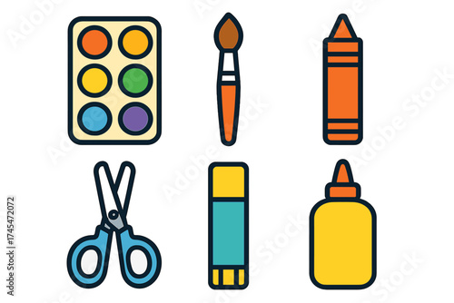 Set of essential school and hobby supplies featuring watercolor palette, paintbrush, crayon, and adhesives