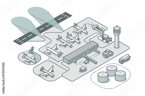 Isometric layout of detailed airport infrastructure featuring terminal, control tower, runway, and parked aircraft