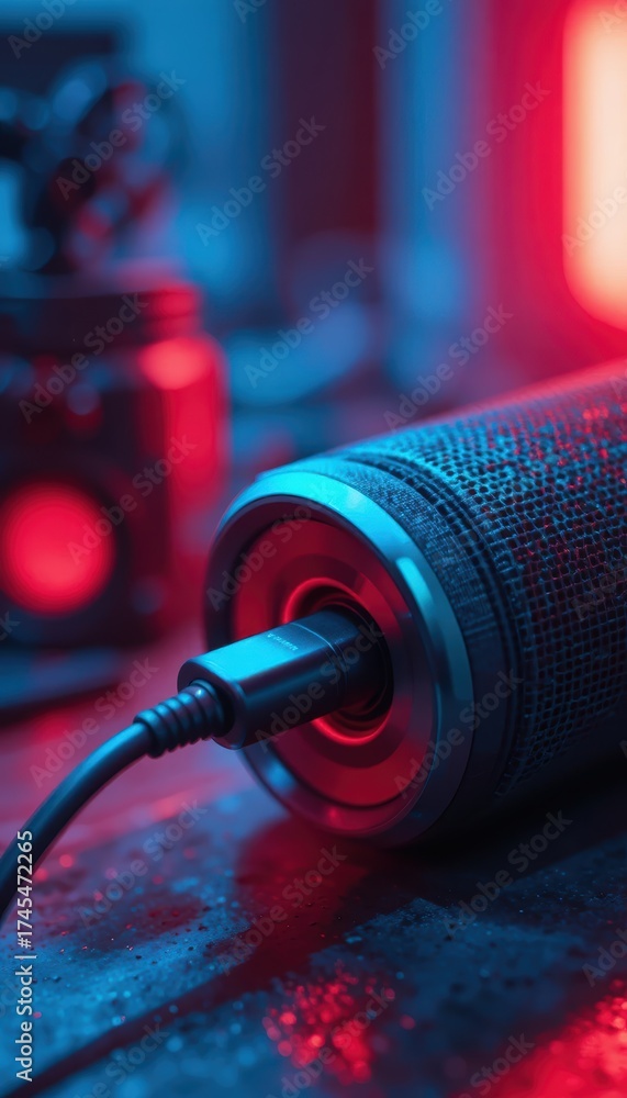 Naklejka premium Close up of a black microphone with a USB C cable plugged in illuminated by blue and red neon lights