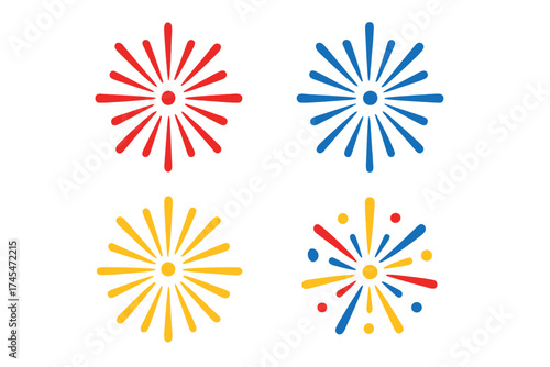 Brightly colored stylized fireworks bursts and festive celebration icons