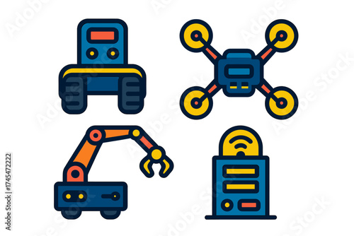 Colorful set of four symbols for industrial automation, robotics, drones, and smart technology
