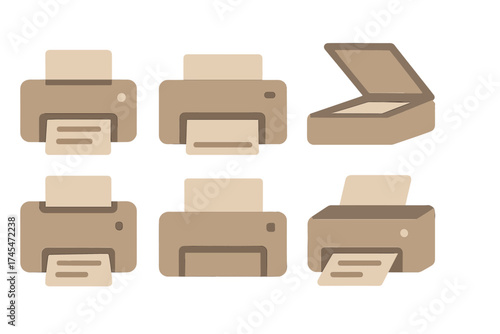 Modern office equipment including various printers and a flatbed scanner device set