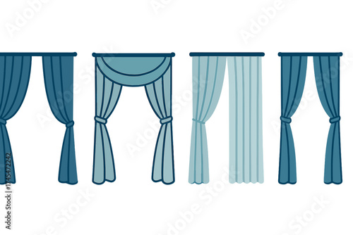Set of four different blue window curtains and drapes styles hanging on rods for interior design decoration