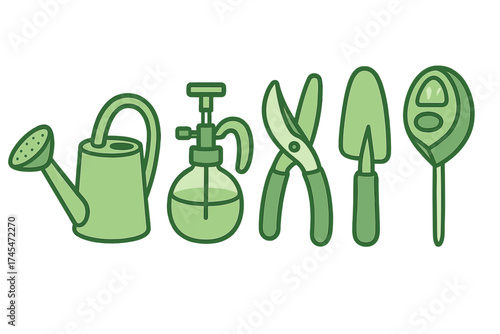 Set of essential gardening tools including watering can, shears, trowel, and soil meter