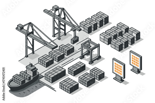Busy cargo terminal with container ship, large port cranes, and stacks of shipping containers