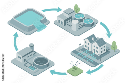 Urban water cycle showing purification, distribution, consumption, and wastewater recycling system