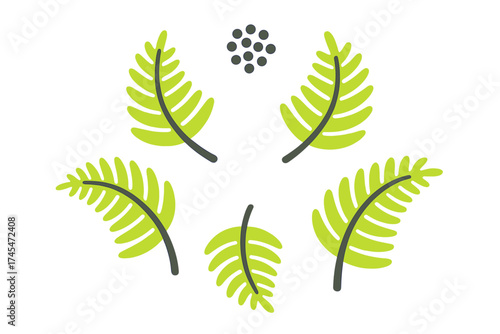 Symmetrical arrangement of stylized bright green fern fronds and dark gray circles