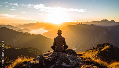 Silhouette of a person meditating on a mountain peak during a beautiful sunset or sunrise