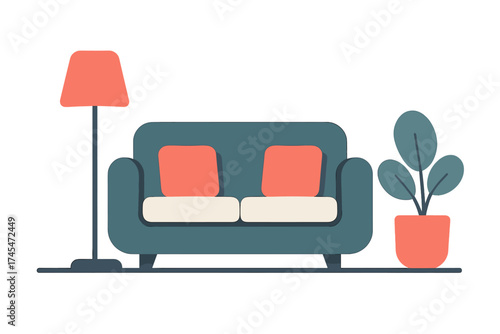 Minimalist living room interior with comfortable two-seater couch, standing lamp, and houseplant