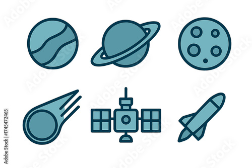 Astronomy and space exploration collection featuring planets, satellite, and rocket ship