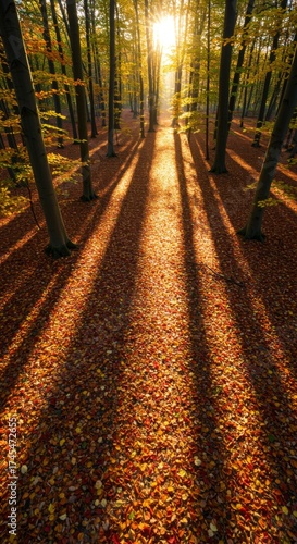 Sunlit Forest Floor Covered in Fallen Leaves with Long Tree Shadow in Autumn Season