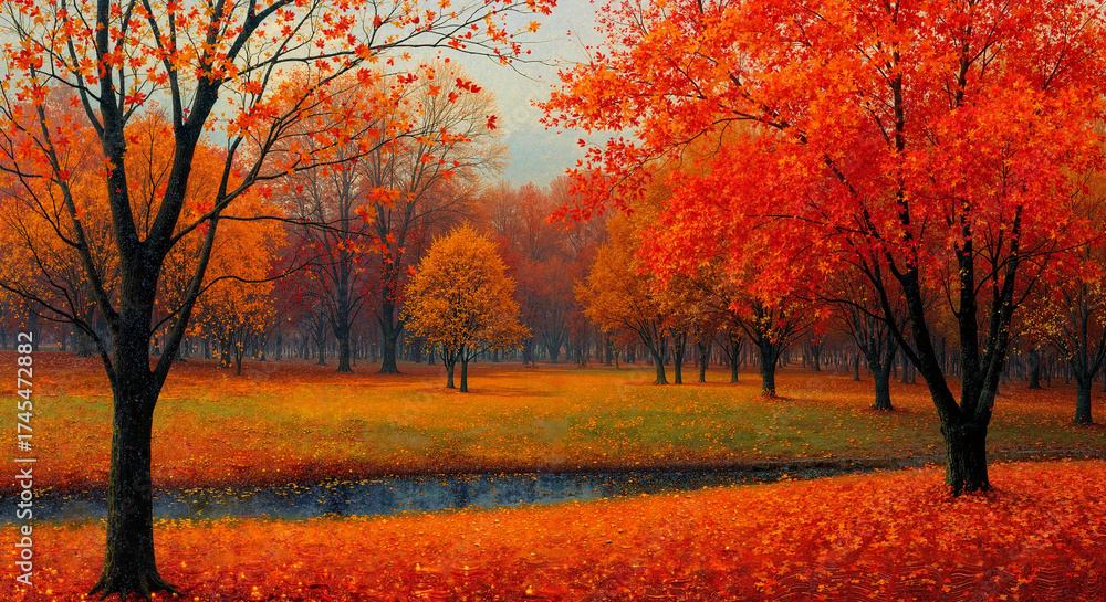 Naklejka premium Vibrant autumn landscape with orange trees and a calm river