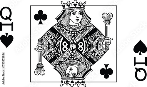 Queen of clubs playing card detailed black and white illustration with ornate royal design for poker, casino, and vintage vector art