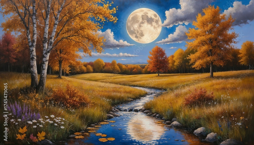 Fototapeta premium Autumn landscape with full moon and winding river in nature 