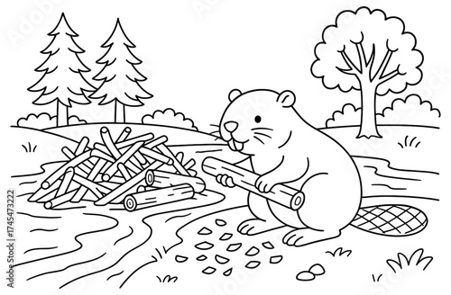 Cute beaver coloring page in nature with trees and dam