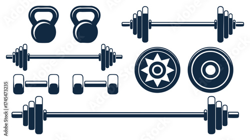 Fitness equipment collection kettlebells barbells dumbbells weight plates exercise gear