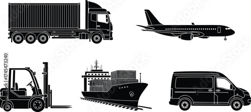 Black silhouette vector illustration, cargo truck, cargo ship, airplane, forklift, delivery van, logistics transport, supply chain vehicle, line art