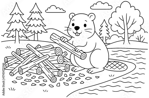 Adorable beaver coloring page with nature background for kids