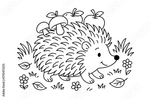 Cute hedgehog coloring page with mushroom and apple in nature scene