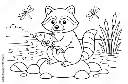 Cute raccoon holding fish by pond in nature coloring page for kids