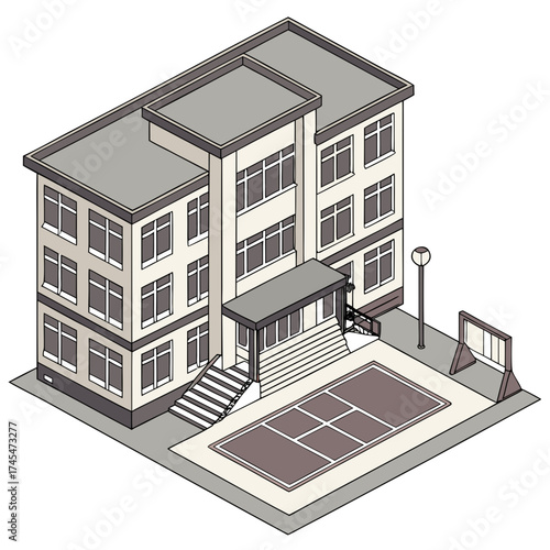 Isometric illustration of a school building with a tennis court nearby