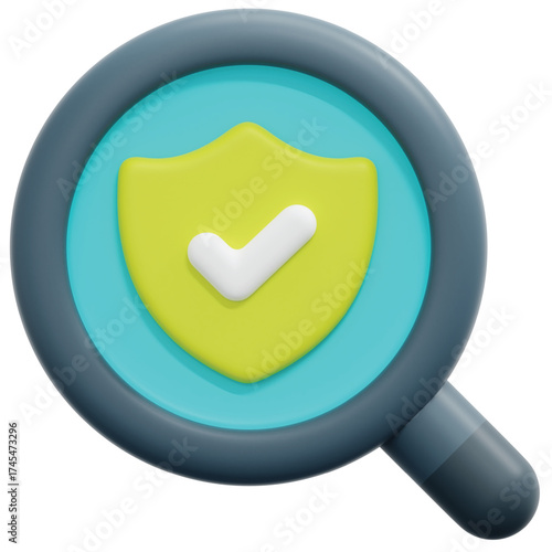 A 3D rendering of a magnifying glass over a shield with a checkmark, symbolizing security and verification.