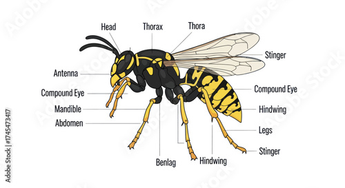 Detailed Illustration of a Yellow and Black Wasp Insect.