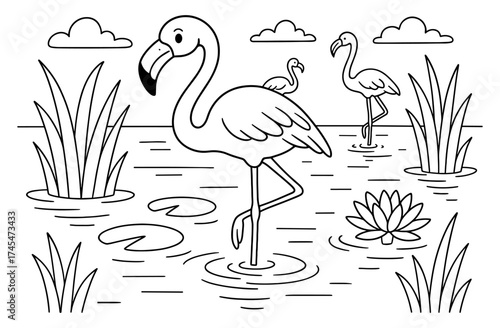 Charming flamingos wading in a tranquil pond landscape outline