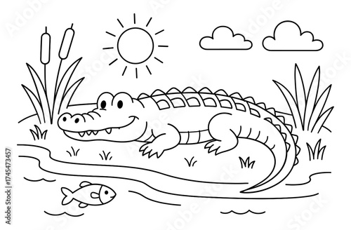 Cute crocodile in nature landscape with fish and sun in outline style