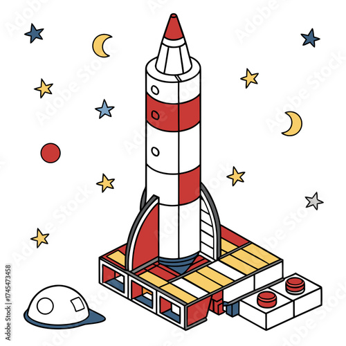 Isometric illustration of a rocket on a launchpad