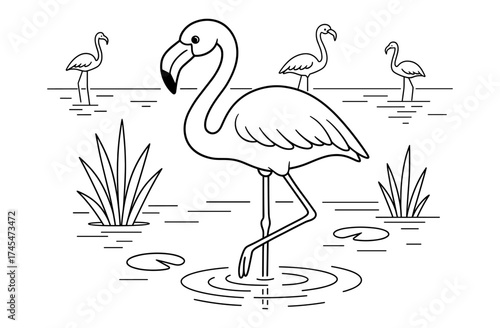 Elegant flamingos: minimalist line art design with graceful stance in nature scene