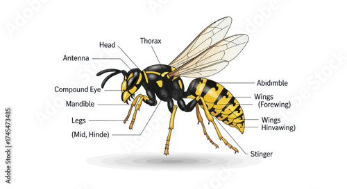 Anatomy of a Wasp: Detailed scientific illustration with labeled external body parts.