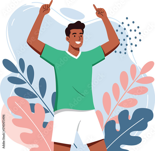 A triumphant football player celebrating a goal, pointing upwards with joy against an abstract background