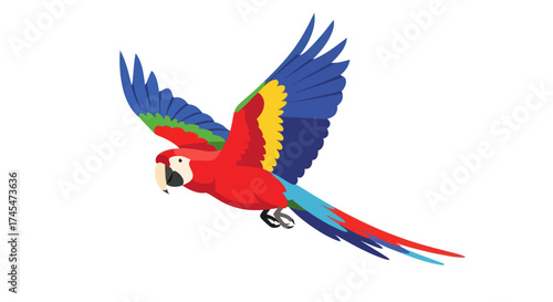 Vibrant scarlet macaw parrot in flight with colorful wings spread a tropical bird illustration.
