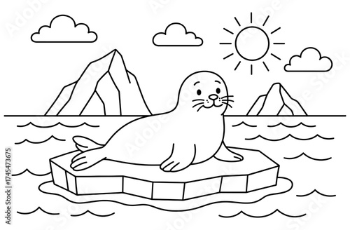Cute seal relaxing on iceberg in arctic landscape with sun and clouds
