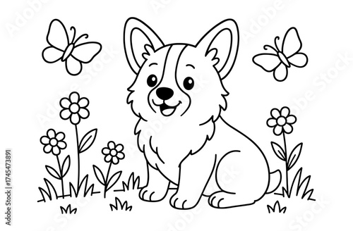 Cute corgi puppy with butterflies and flowers in a cartoon coloring page