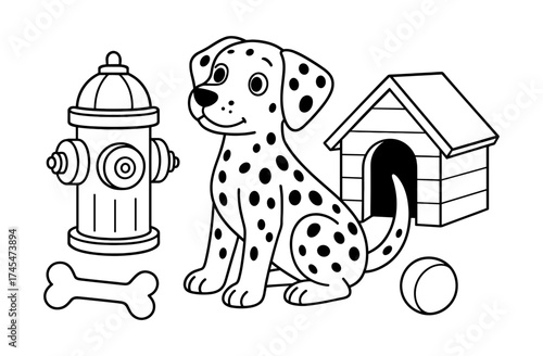 Cute dalmatian puppy with fire hydrant and dog house in outline style for coloring books