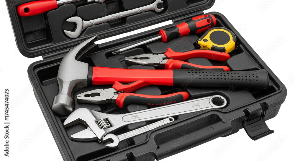 Fototapeta premium 3d illustration of open toolbox filled with various hand tools for home repair isolated on transparent background