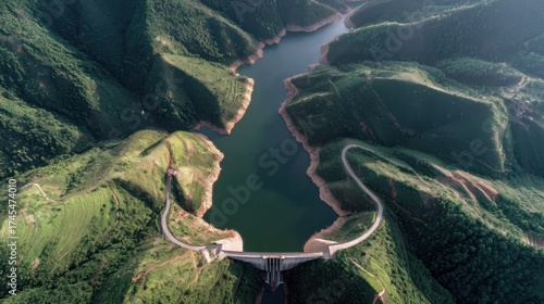 Fototapeta Naklejka Na Ścianę i Meble -  Top-down view of dam and reservoir in valley