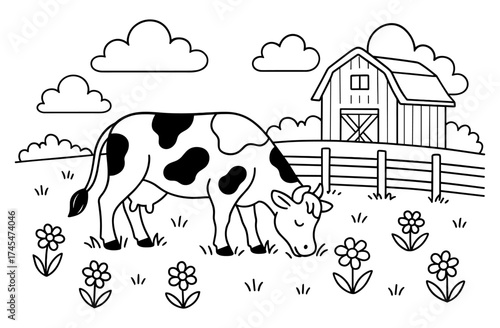 Pastoral scene with cow grazing in countryside line art