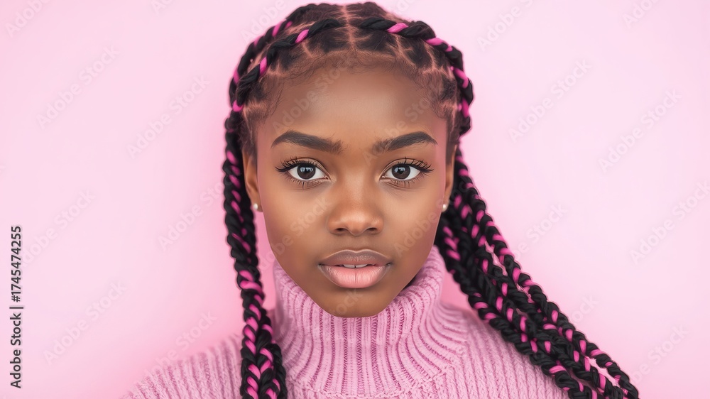 Fototapeta premium A beautiful young woman with braided hair featu pink highlights gazes directly at the camera while wea a pink turtleneck sweater against a pink background.