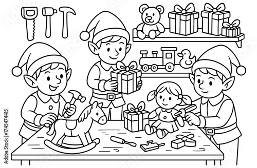 Santa's workshop elves crafting toys in festive line art coloring page
