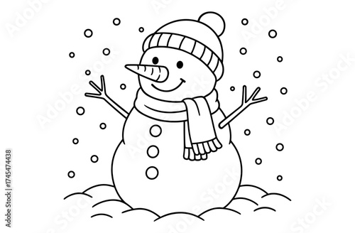 Cute snowman coloring page with falling snowflakes for kids' winter fun