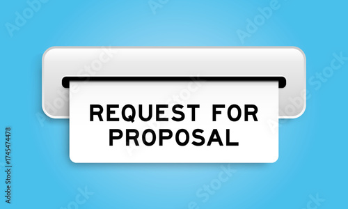 White coupon banner with word request for proposal from machine on blue color background