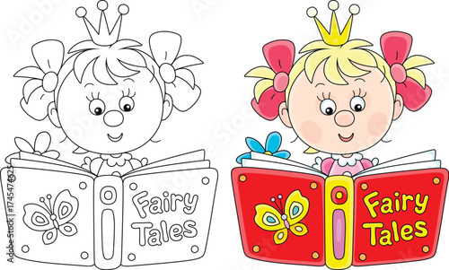 Cute little princess with a small gold crown reading a book of fairy tales, color and black-and-white vector cartoon illustrations