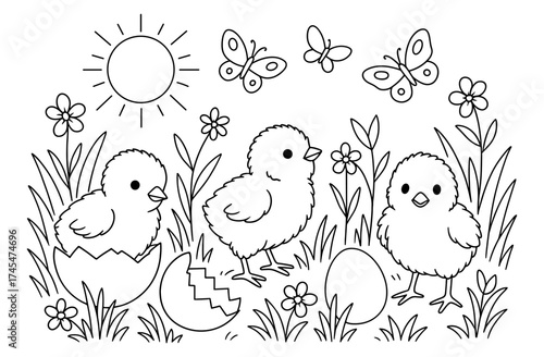 Cute baby chicks in spring garden with flowers and eggs coloring page
