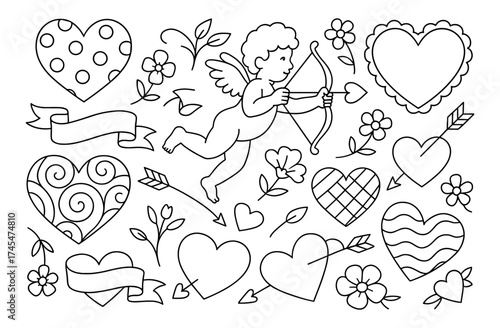 Charming black and white cupid with hearts and flowers for valentine's day
