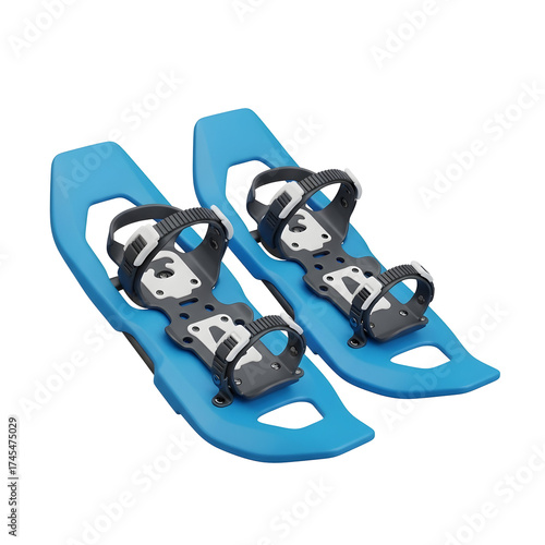 3d icon of a pair of blue snowshoes with black bindings, designed for walking on snow, isolated on transparent background, representing winter sports and outdoor adventure